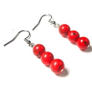 Handmade Red Black Crackled Imitation Howlite Bead Earrings Women Gift